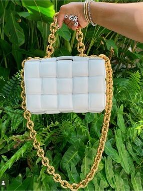 Bottega Veneta White Intrecciato Padded Shoulder Bag with Gold Chain